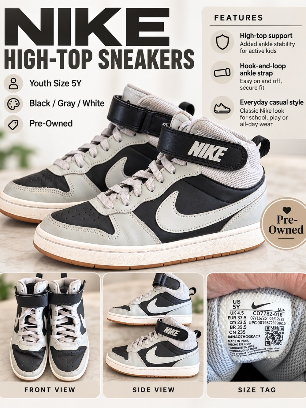 Nike Kids High-Top Sneakers in Black, Gray & White